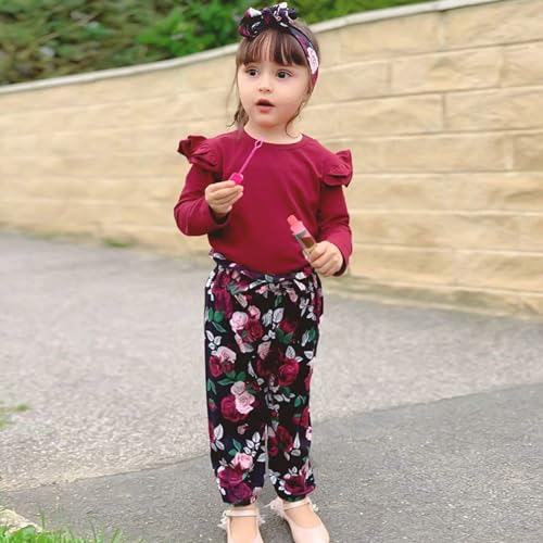 Image of SANMIO Toddler Girl Clothes Cute Ruffle Sleeve Shirt Floral Pants Headband | 3Pcs Fall Winter Outfits Kids Girls Clothing Set 1-6T