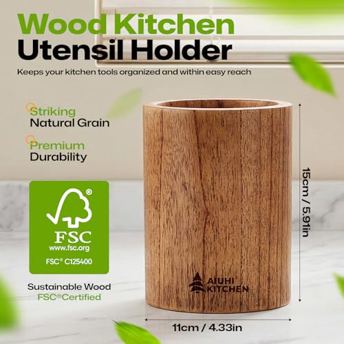 AIUHI Wooden Utensil Holder for Kitchen Counters - Large 5.9" x 4.3" Wooden Organizer for Spatulas and Spoons - Image 2
