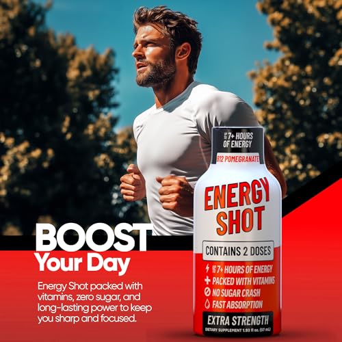 Image of B12 Pomegranate Extra Strength Energy Shot 8 PK - 260mg Natural Caffeine B12 B6 - Energy & Vitality Support - 2 Servings Sugar Free Zero Calorie Green Tea B-Vitamins Electrolytes Vegan - 1.93 fl oz