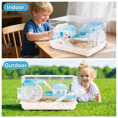 Kalolary 3-Levels Dwarf Hamster Cage, Small Hamster Habitat Chew-Proof Metal Carrier Travel Cage Gerbil Mice Rat Mouse Home with Complete Set of Accessories (18.5\" L x 11.8\" W x 11.8\" H, Blue)