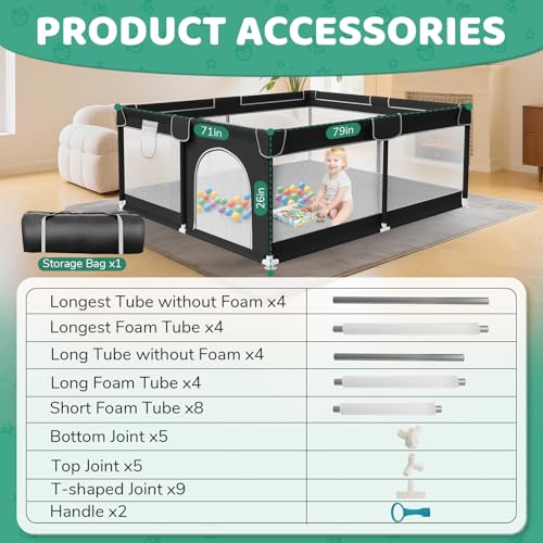Image of 79x71in Playpen for Babies and Toddlers - Indoor and Outdoor Extra Large Baby Play Pen with Soft Breathable Mesh & External Zipper Door - Baby Play Yard with Bag& 2 Handles for Walking Playing, Black