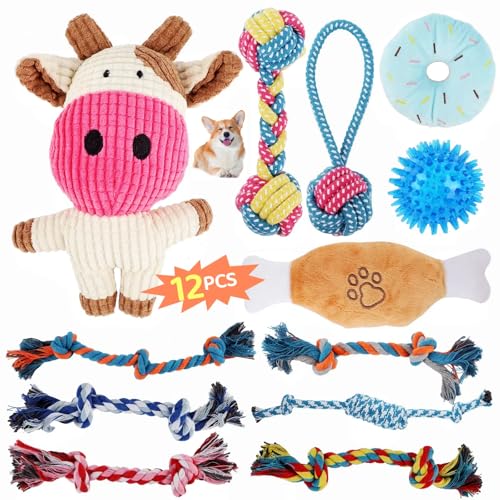 RUISTLI Juguetes para Perro 12 Piezas, Perros Accesorios Interactivo,Mordedera y Peluches,Cachorros,Cosas para Perros Seguro