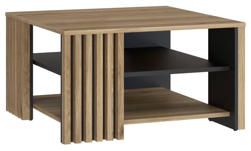 Forte JOAKIMIS Couchtisch 80, Skandi-Stil Couchtisch mit Ablagefach, Lamellendetails, Holzwerkstoff, Mauvella Eiche Holzdekor/Schwarz, 80 cm breit x 45 cm hoch x 80 cm tief