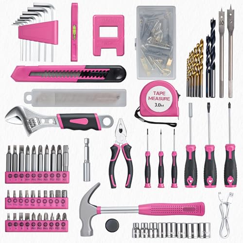 Tool Set - Tool Kit with 8V Cordless Drill, 132 Piece Tool Box with Drill, Home Tool Kits for Women & Men, Hand Drill Set Perfect for Homeowner, Diyer, Handyman - Pink