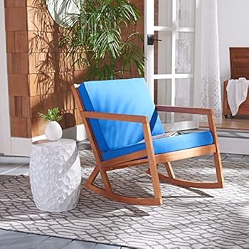 Alternative view of Safavieh Outdoor Collection Vernon Wood Cushion Rocking Chair PAT7013K, Natural/Royal Blue