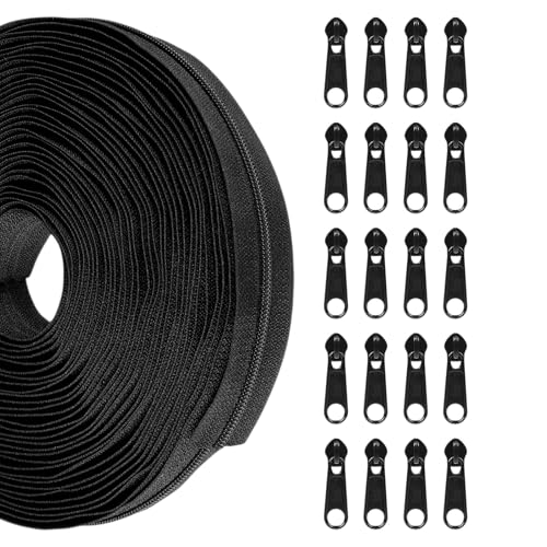 10 Yards Nylon Coil Zippers by The Yards #5 Bulk Zippers with 20 Pcs Zipper Sliders Zipper Replacement for DIY Sewing Craft Bags Black