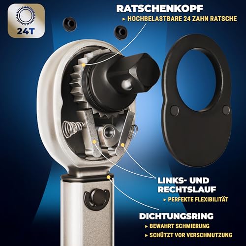 S&R 1/2 Zoll Drehmomentschlüssel Auto Set 28-210 Nm, Drehmomentschlüssel Motorrad 475 mm, Verlängerung 125 mm, 3 Stecknüsse 17, 19, 21 mm; Kfz Reifenschlüssel TÜV geprüft GS bruchfest Nüsse