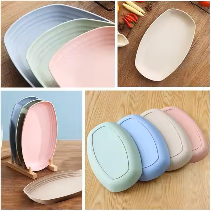 Image of Eco- Friendly Reusable Lightweight Microwave Safe Unbreakable Wheat Straw Oval Shape Plate Set,Vegetable Plate,Serving Snack Dish Set Used in Restaurant,Home,Picnic Camping (Pack of 4)