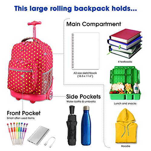 Image of J World Sunrise Kids Rolling Backpack with Wheels for Girls Boys, Roller Bookbag for School, 18 x 13 x 9 Inches, Pink Buttons