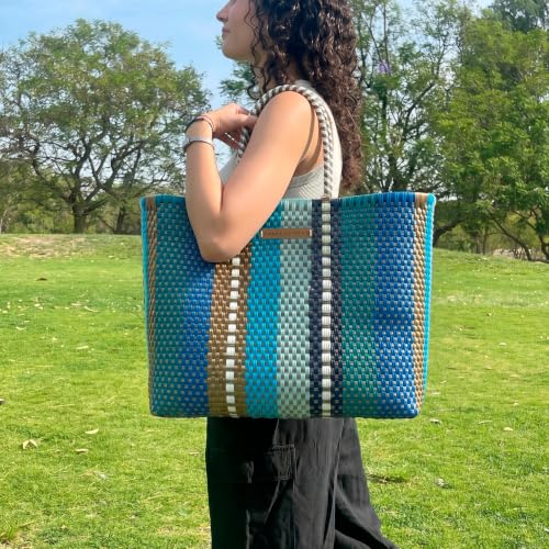 Image of MARIA VICTORIA Handwoven Plastic Mexican Tote Bag Large For Women, Waterproof, Lightweight, Multi-Color Design, Perfect for the Beach, Shopping, and Everyday Use, Billy Jeans Large