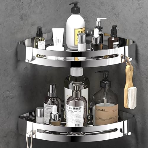 RCQD Etagere Douche sans Percage 2 Pièces,Etagere Salle de Bain Angle Rangement Salle de Bain INOX Auto-adhésif,Étagère avec Douche avec 4 Crochets pour Stockage...