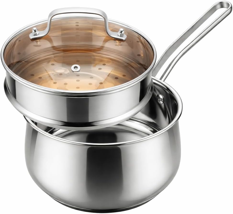 2.5QT Stainless Steel Saucepan with Steamer Basket and Glass Lid, 18/8 Food Grade Small Soup Pot with Steamer Insert, Induction Compatible, Heavy Duty Multi-Purpose Pot for Cooking & Steaming