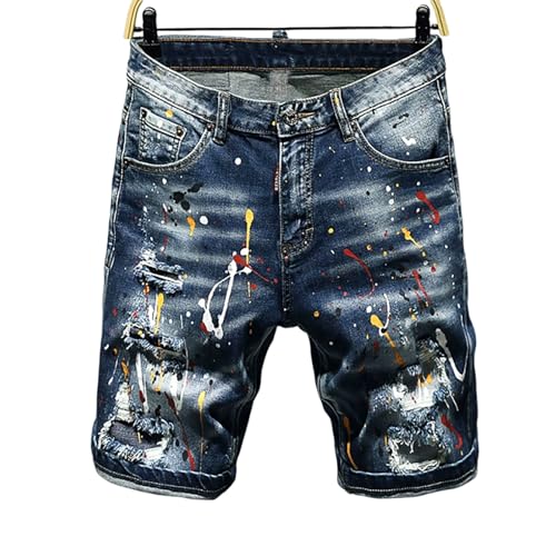 Men's Denim Pants, Paint-Splattered Distressed Patched Slim Fit Elastic Denim Pants for Trendy Men, Streetwear High-Street Hippy Pants,A,31