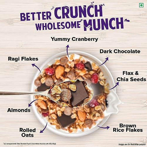 Image of Tata Soulfull Millet Muesli, Chocolate & Cranberry, 500g, 20% Almonds, Seeds & Cranberry Breakfast Cereal, Dark Chocolate, High Protein