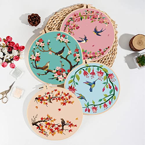 Origach 4 Pcs Spring Bird And Flower Embroidery Starters Kit For Beginners, Cherry Blossom Hummingbird Embroidery Stitch Practice Kit Include Embroidery Cloth, Embroidery Hoops, Threads And Needles #TOP4