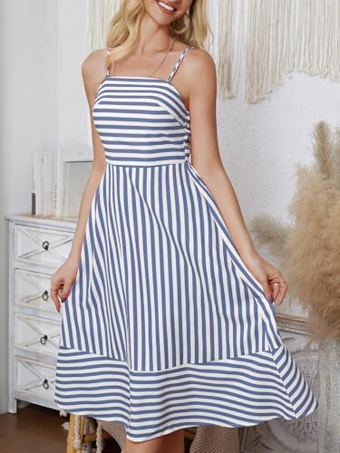 Image of Striped Sleeveless Midi Summer Dress for Women Spaghetti Strap Backless Smocked Swing Beach Dresses Royal Blue
