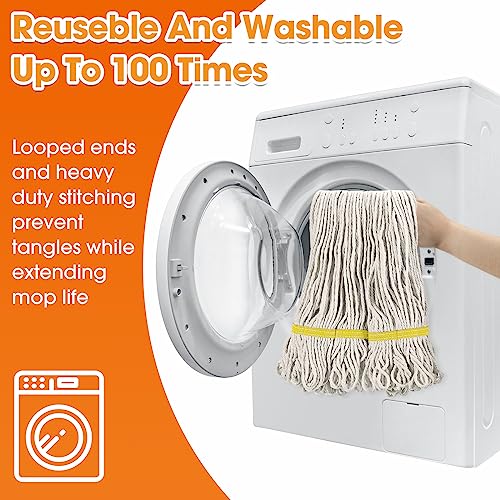 Image of Eccliy 6 Pack Commercial Mop Heads Replacement Heavy Duty 18 oz Loop End Cotton String Wet Mop Refills Washable Absorbent Reusable for Industrial Home Tile Wood Concrete Floor (White,Yellow)