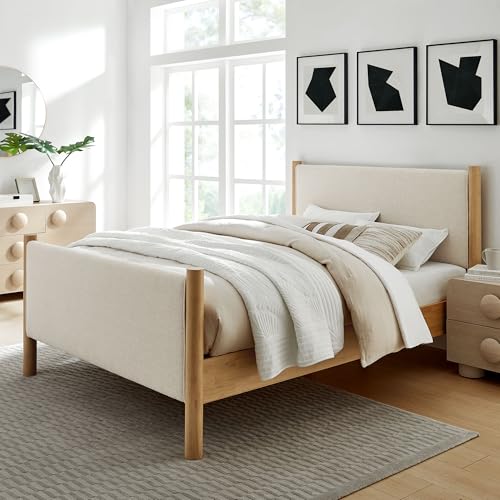 Modway Maven King Size Bed Frame in Ivory Oak with Upholstered Fabric Headboard and Footboard – Wood King Platform Bed Frame – No Box Spring Needed