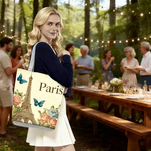 Bolso tote con estampado de la Torre Eiffel, rosas y mariposas, con cierre de cremallera, para uso diario, estilo romántico parisino, bolso de hombro para mujer, ideal como regalo de cumpleaños o festividad miniatura 5