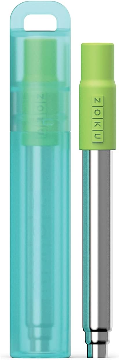 Zoku Reusable Pocket Straw, Telescopic Stainless Steel Drinking Straw with Silicone Mouthpiece, Adjustable to 9 Inches, Teal
