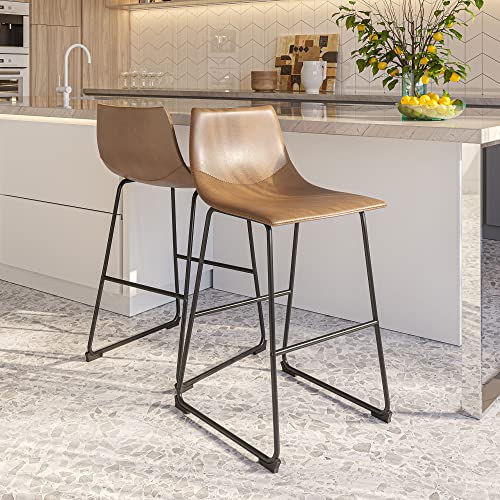 BELLEZE Faux Leather Barsools Set of 2, Modern Upholstered Counter Height  Island Stools Molded Low Back Bar Stools for Kitchen Island or Home Bar