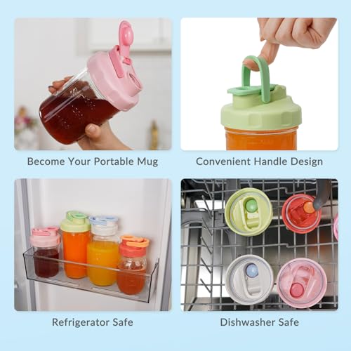 Image of Soligt 6 Pack Colorful Mason Jar Lids, Wide Mouth Pour Spout Flip Cap Lids for Ball Brand Mason Jars, Leakproof, Portable & Refrigerator Safe (2 Gray Blue Lid, 2 Light Green, 2 Classic Pink)