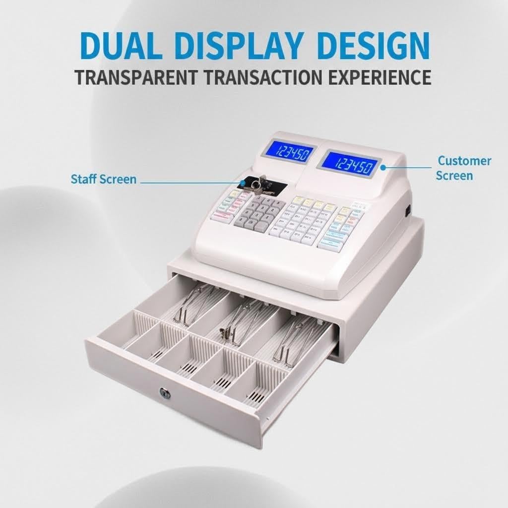 Moderno registratore di cassa commerciale, sistema POS elettronico con stampante termica integrata e cassetto contanti sicuro, 3 scomparti for banconote, 5 vassoi for monete
