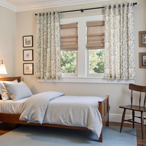 Image of jinchan Linen Floral Curtains for Living Room with Printed Flower 63 Inches Long Light Filtering Farmhouse Window Treatment Vintage Short Drapes Back Tab Rod Pocket 2 Panels Blue on Beige