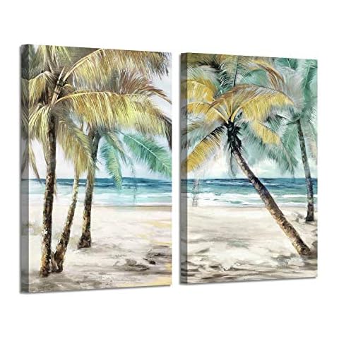 ARTISTIC PATH Tropical Coconut Tree Wall Art: Abstract Palm Tree Canvas Seaside Picture Artwork Painting for Living Room (24" W x 36" H x 2 PCS,Multi-Sized) Cover