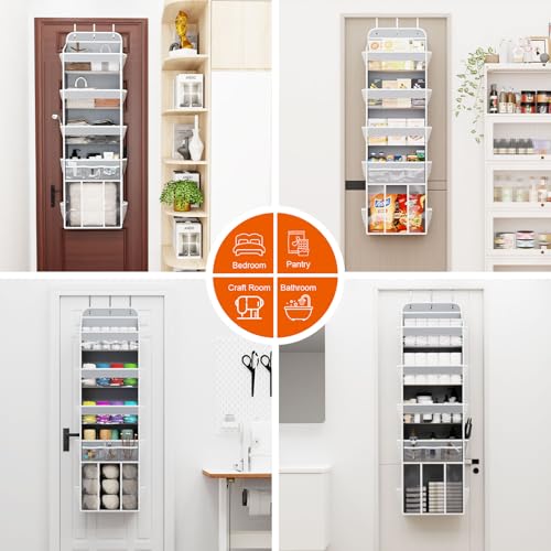 OneDream Over the Door Organizer for Nursery, 5-Tier Baby Clothes Organizer with Removable Storage Caddy, Hanging Behind Door Storage with Clear Pockets and Side Mesh Compartments, Grey