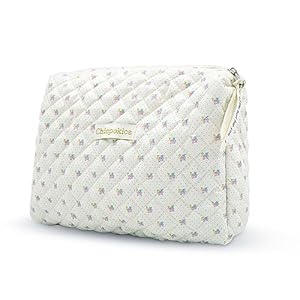 Chicpokics Makeup Bag, Quilted Cosmetic Bag, Cute Flora Makeup Bag, Large Aesthetic Travel Organizer for Travel Essentials, Diapers, Electric Accessories and Hygiene Kit (Beige, 01)