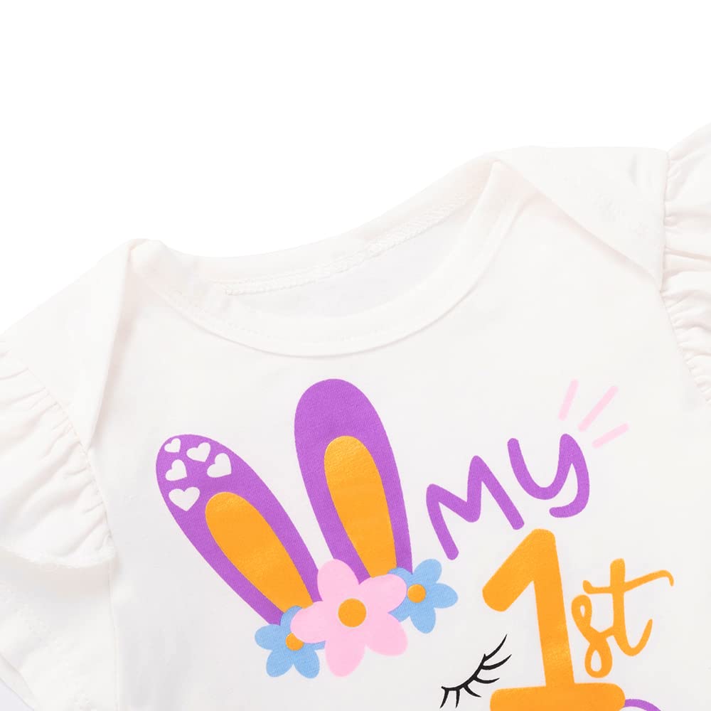 Newborn Baby Girl My 1st Easter Bunny Pants Set 3Pcs Infant Fly Sleeve Romper Bell Bottom Pant (Purple,3-6 Months)