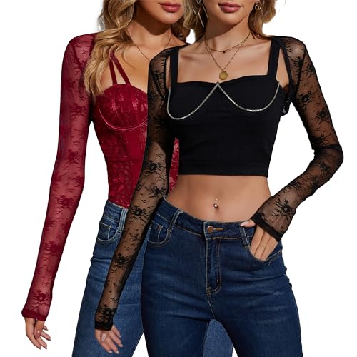 Image of JOKELAMB Women Lace Bolero Shrug See Through Floral Cardigan Sheer Mesh Cropped Y2K Going Out Tops