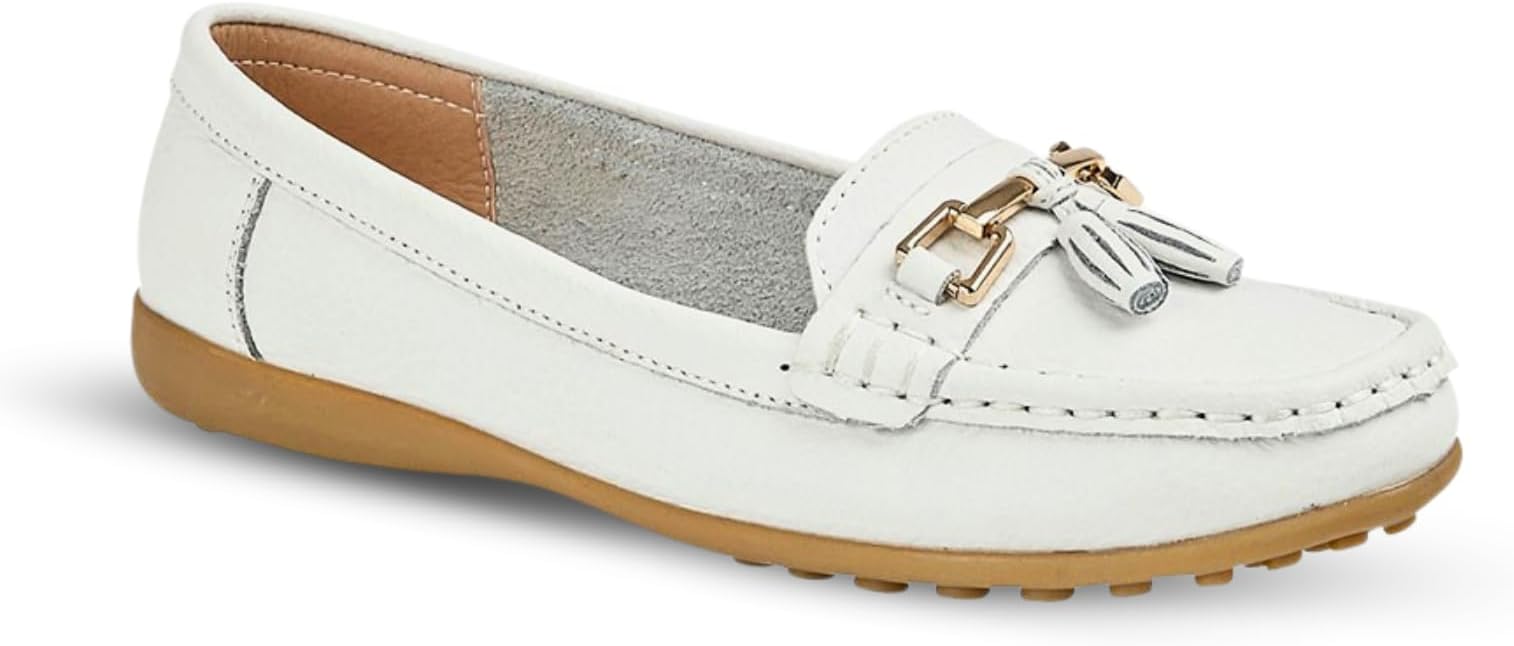Ladies Loafers Flats Wide Leather Tassle Cushioned Casual Slip On Womens Nautical Boat Comfort Shoes