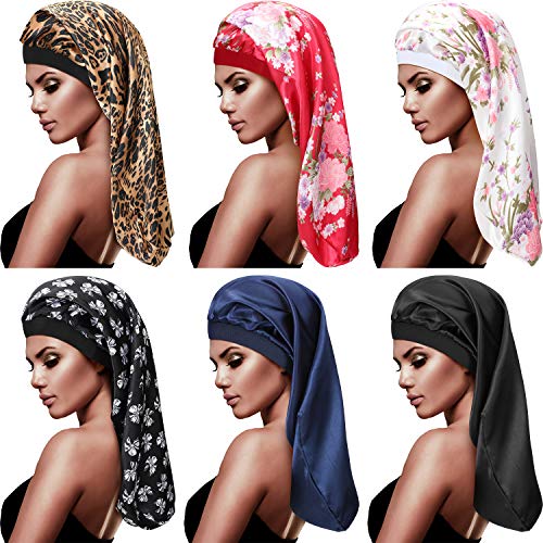 6 Pieces Long Satin Bonnet Satin Sleep Cap Loose Cap Bonnets Night Sleeping Hat for Braid Long Natural Hair, 6 Colors