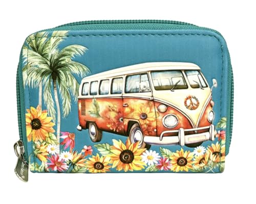 Shag Wear Hippie Life Coin Purse Vegan Faux Leather Retro VW Van Peace Sign Design with Card Slots Zippered Change Pouch 4.25" Sky Blue