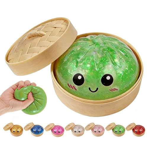 Image of Dumpling Squishies, Dumpling Squishy Mystery Box, Stocking Stuffers with Food Steamer Stretchy Desk Toys (Glitter Green)