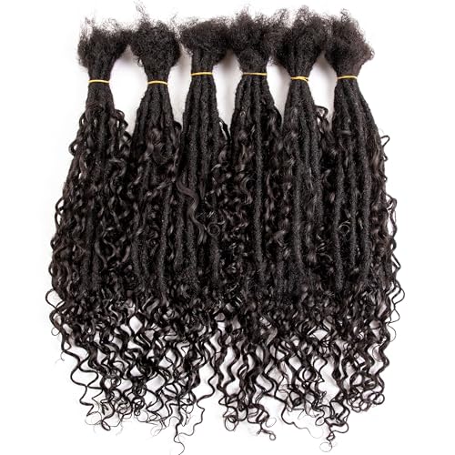 DAIXI Boho Loc Extensions Human Hair with Curly Ends for Women, Can Be Dyed Bleached Handmade Human Hair Dreadlocks with Human Hair Curls Extend Out (1B-0.6cm-Straight, 16 Inch 20 Strands)