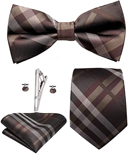 Hi-Tie Mens Brown Plaid Ties Set Formal Silk Bow Tie and Silver Tie Clip with Pocket Square Cufflinks Set for Business