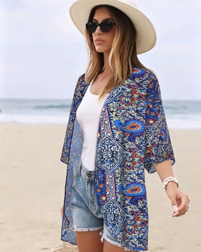 Image of Women's Floral Print Puff Sleeve Kimono Cardigan Loose Cover Up Casual Blouse Tops 2026
