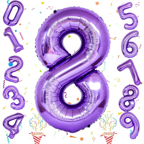 Image of 8th Birthday Number Balloons for Kids, Self Inflating 40 Inch Purple Foil 8 Balllon, Large Number 8 Balloons for Girls 8 Years Old Birthday Party Bridal Shower Anniversary Party Decorations Supplies