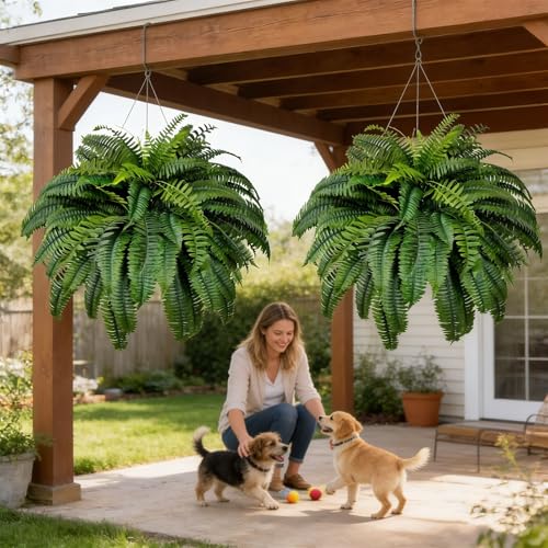 Large Artificial Boston Fern for Outdoors - UV Resistant Fake Ferns for Porch & Hanging Baskets, 28/38/60/88 Fronds Lifelike Faux Boston Fern Bundles, No Fade Outdoor Plants (No Pot) (88-Leaf, 1Pc)