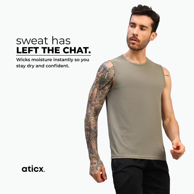 Image of ATICX Men's Slim Fit Sleeveless Sports T-Shirt - Gym Vest, Quick Dry Breathable Training Tank Top for Workout, Running, Cycling, Badminton, Basketball & Swimming Training Wear