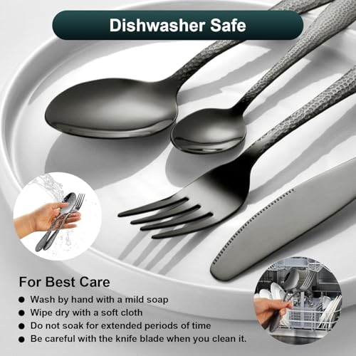 Image of aDai Hammered Matte Black Silverware Set | 5-Piece Premium Stainless Steel Flatware Set | Dishwasher Safe Cutlery Set for Home, Restaurant & Gifting