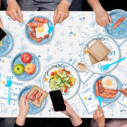 Image of K1tpde 3PCS Last Toast On The Coast Bachelorette Party Tablecloth for Adult, Coastal Themed Blue Wine Cup Shell Starfish Plastic Tablecloth, Disposable Tablecover for Bridal Shower Summer Party Decor