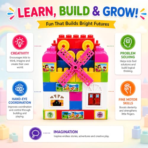 Image of Zest 4 Toyz Building Blocks for Kids 58 Pieces | Colourful Construction Blocks with Wheels Windmill Doors Windows Booklet & Zipper Storage Bag | Creative Educational Toy for Boys and Girls