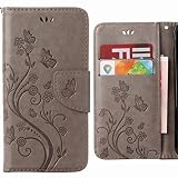 Ougger Cover per LG Q6 Custodia, Portafoglio PU Pelle Magnetico Morbido Silicone Flip Cover Protettivo Gomma Custodie per LG Q6 / M700 con Il Titolare della Carta, Striscia di Fiore (Grigio)