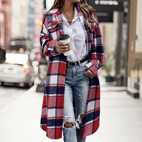 Long Plaid Shirts for Women Flannel Shacket Oversized Long Sleeve Jacket Fall Fashion Casual Button Down Trench Coat3