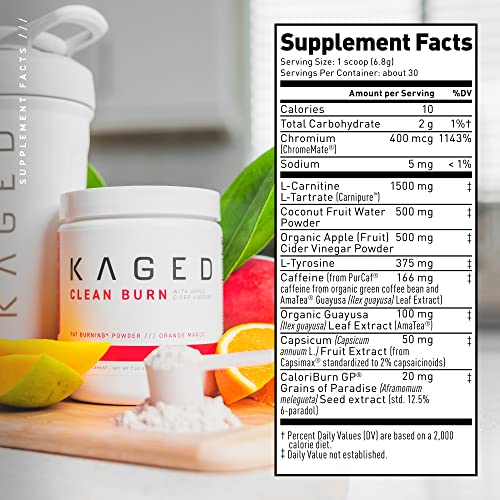 Apple Cider Vinegar Supplement | Kaged | Clean Burn Powder, Energy Powder With Organic Caffeine, Orange Mango, 30 Servings #TOP1