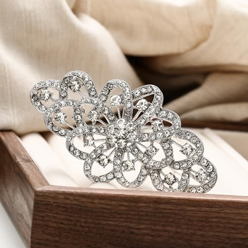EVER FAITH Austrian Crystal Wedding Party Accessories 3.7 Inch Bridal Flower Ribbon Brooch for Women2